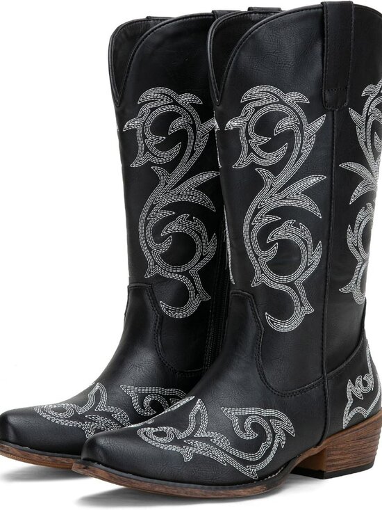 Shoes - Women's Black Wide Calf with Low Chunky Heel Cowgirl Western Embroidered Boots